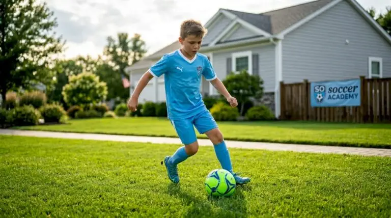 Youth practicing soccer in backyard home setting
