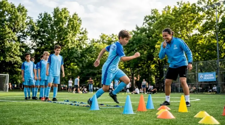 Youth players doing agility ladder drills outdoors