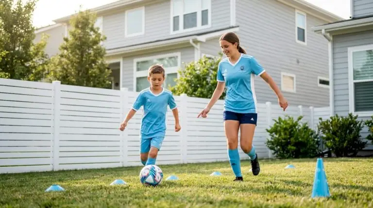 Kids practicing soccer drills in backyard